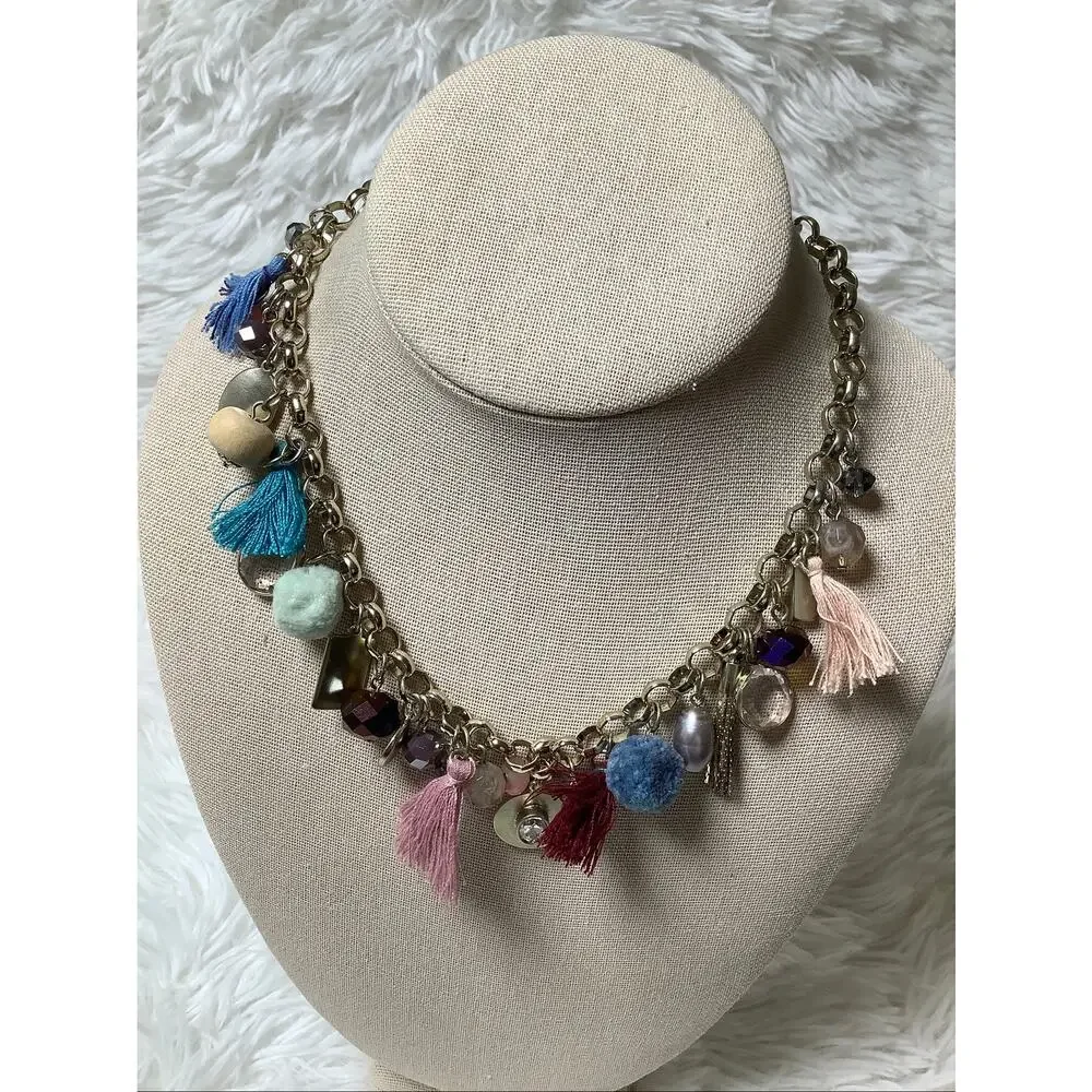 LOFT Gold Tone Chunky Chain Tassel Pom Pom Crystal Charm Necklace Boho F18-45